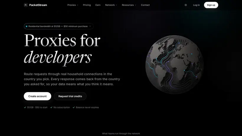 Packet Stream homepage screenshot