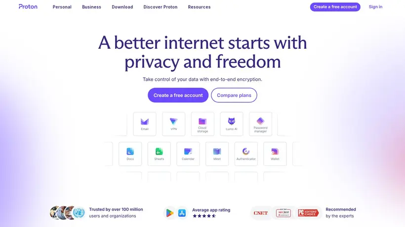 Proton Mail homepage screenshot