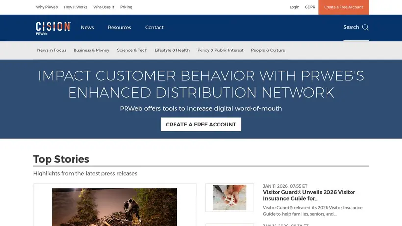 PRWeb homepage screenshot