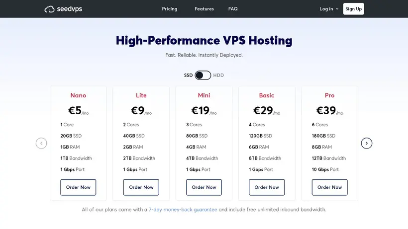 SeedVPS homepage screenshot