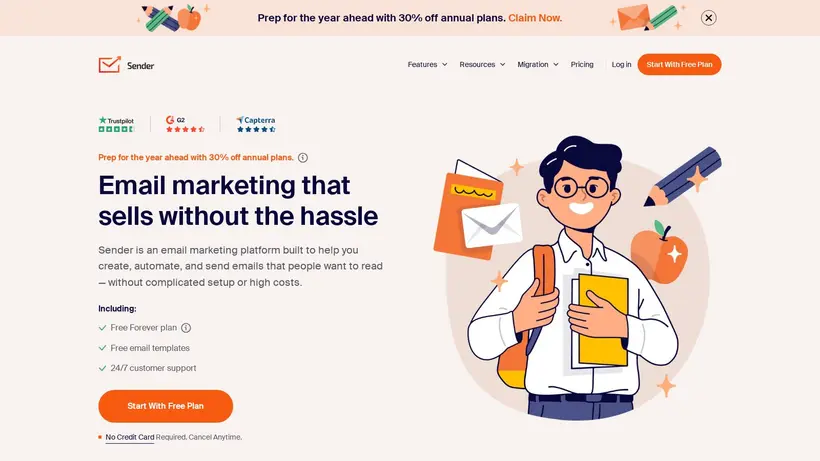 Sender homepage screenshot