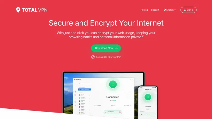 TotalVPN homepage screenshot