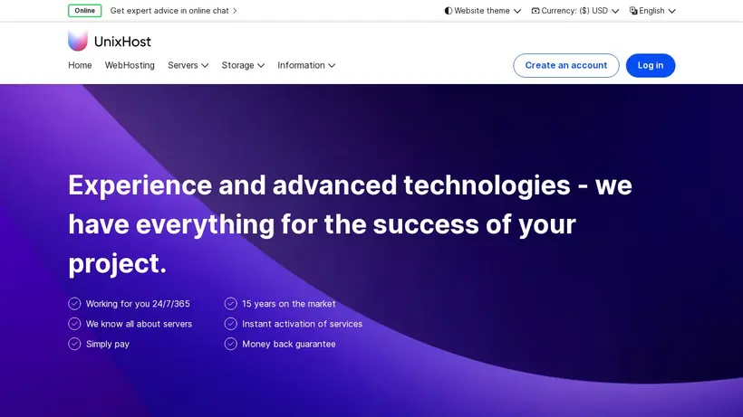 UnixHost homepage screenshot