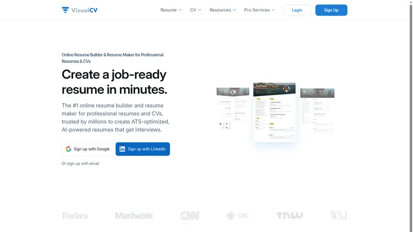 Visual CV homepage screenshot