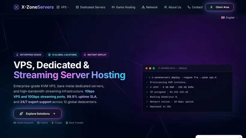 X Zone Servers homepage screenshot