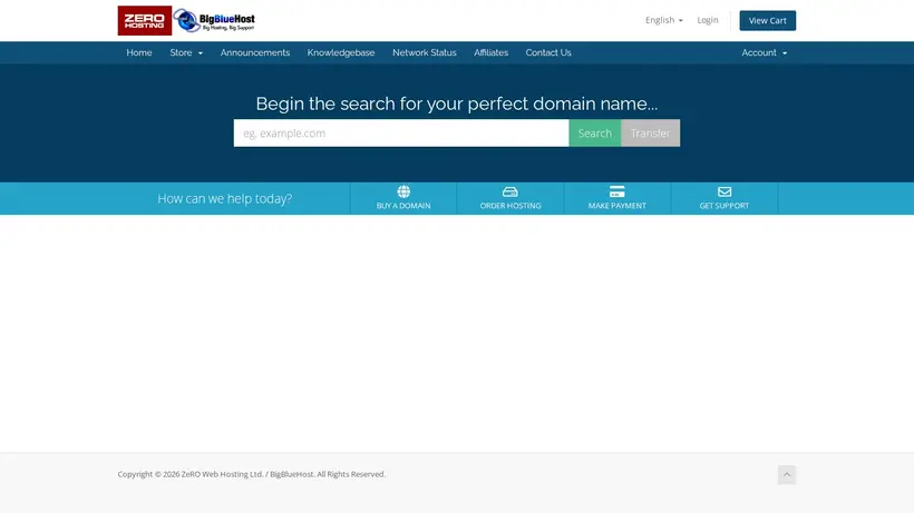 Zero Hosting homepage screenshot